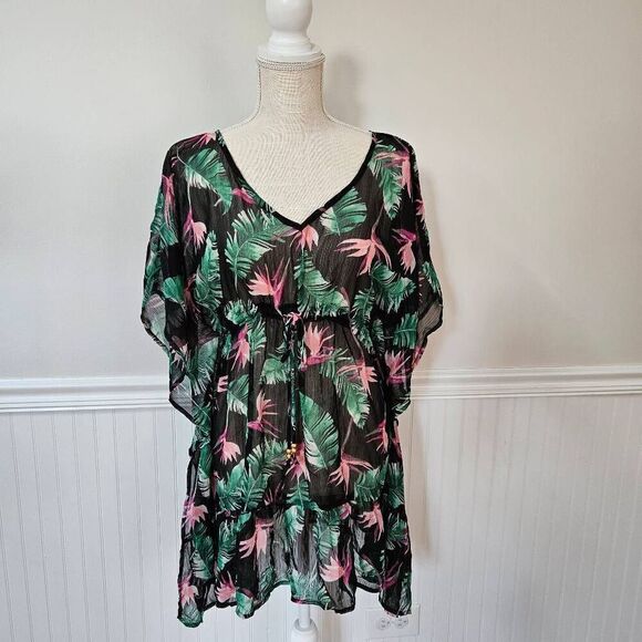 Miken Black and Green Palm and Floral Print Sheer Swim Coverup Size Medium - Picture 1 of 4